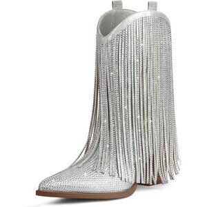 ⚡Women's Silver Ankle Boots Western Rhinestone Sparkly Fringe Chunky Heel